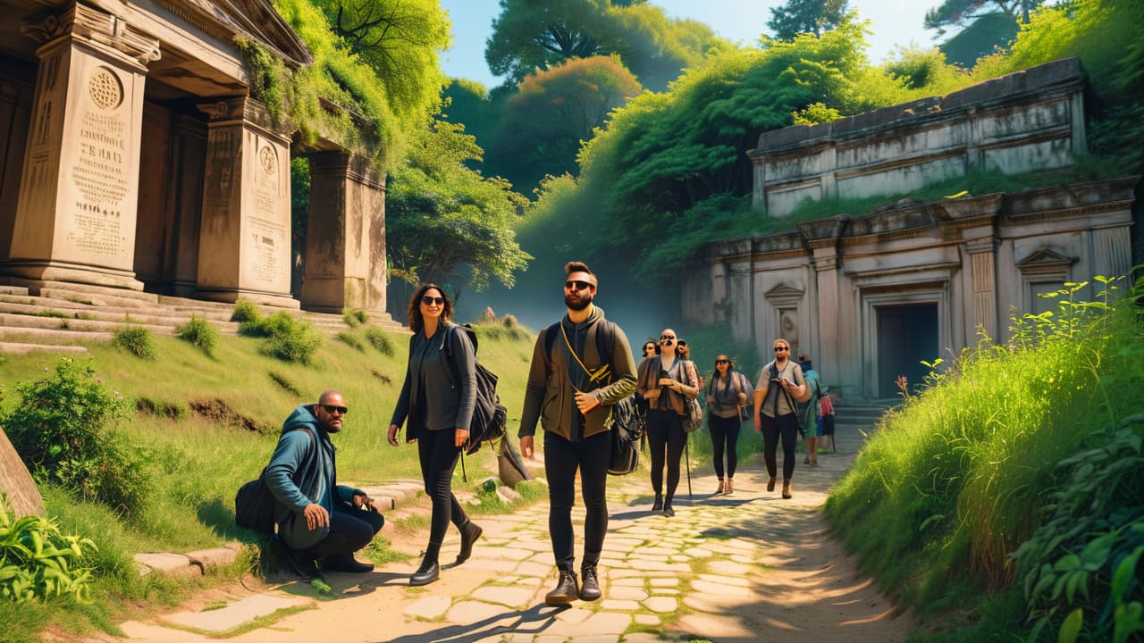  a crowded ancient site with tourists taking selfies, litter scattered around, and signs of wear on historic structures, juxtaposed with overgrown vegetation reclaiming space, illustrating the tension between preservation and tourism. hyperrealistic, full body, detailed clothing, highly detailed, cinematic lighting, stunningly beautiful, intricate, sharp focus, f/1. 8, 85mm, (centered image composition), (professionally color graded), ((bright soft diffused light)), volumetric fog, trending on instagram, trending on tumblr, HDR 4K, 8K