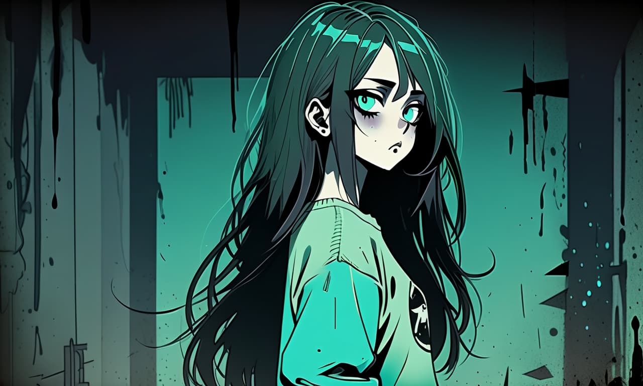  grunge style a girl in anime style with long black hair stands in the dark dressed in a pastel green sweater and pants. the girl looks into the darkness with black lower eyelids under the eyes full of fear of the unknown and curiosity, and the bright turquoise eyes themselves stand out against the background of everything. the colors in the image are dark. . textured, distressed, vintage, edgy, punk rock vibe, dirty, noisy