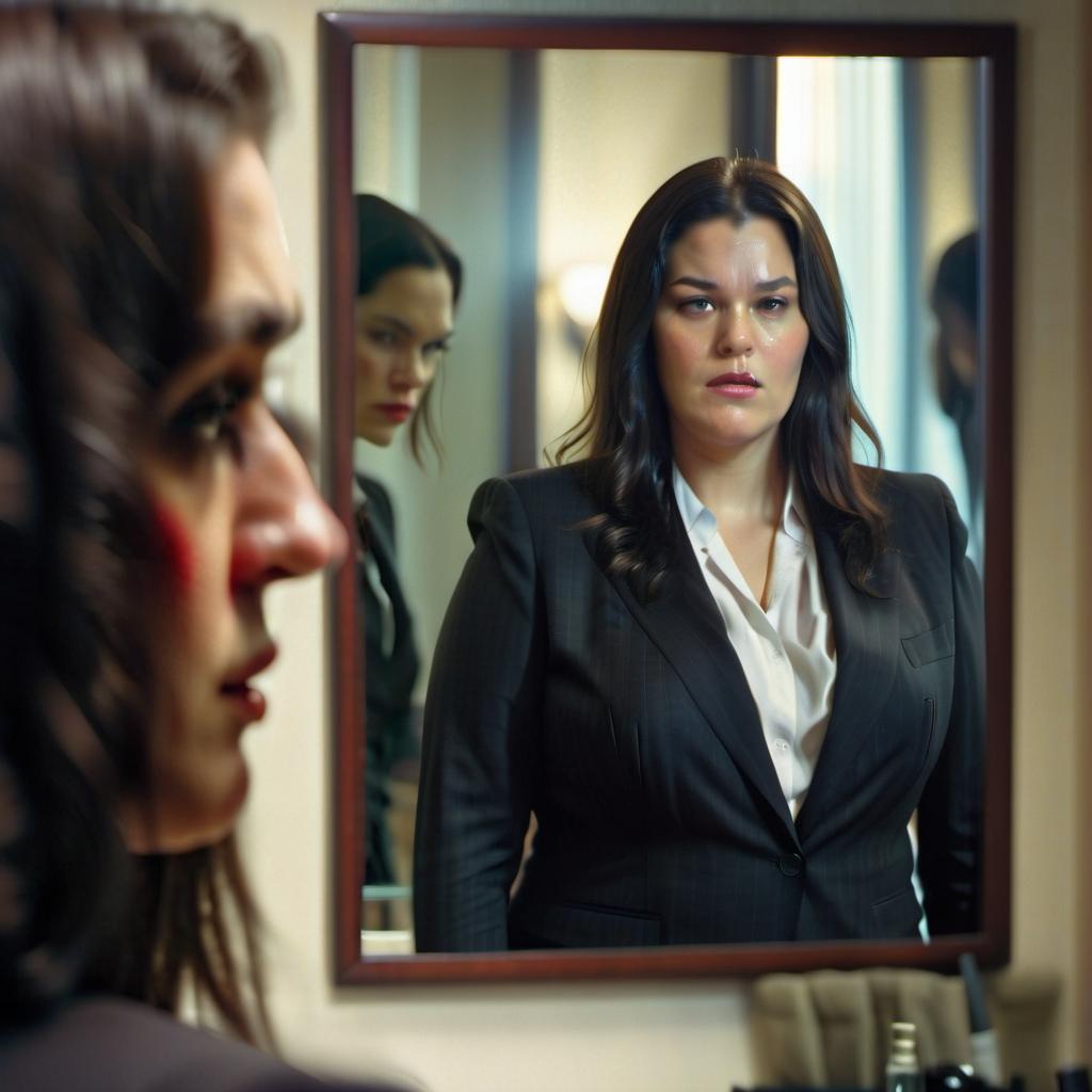  cinematic film still a large, dark haired woman in a suit looks in the mirror. but in the reflection he sees his worst copy. . shallow depth of field, vignette, highly detailed, high budget, bokeh, cinemascope, moody, epic, gorgeous, film grain, grainy, film photography style