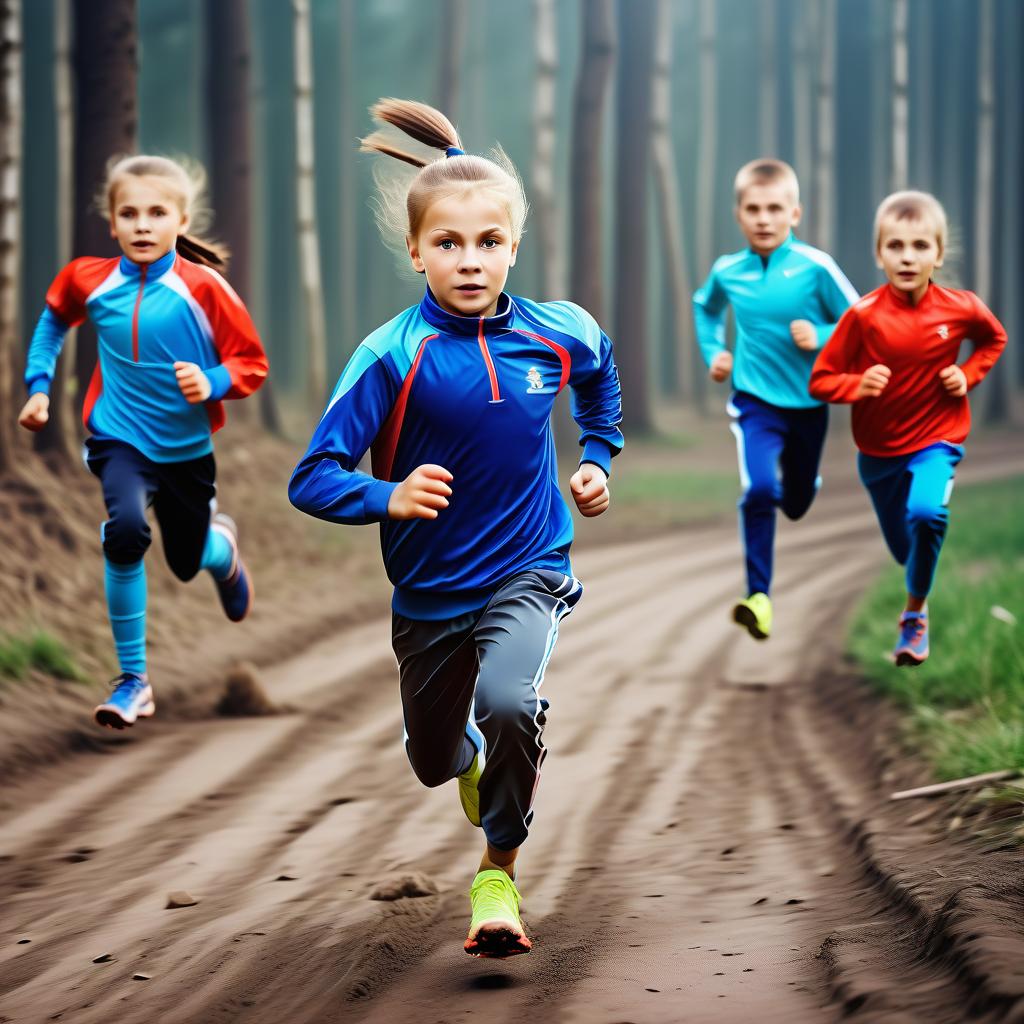  create a picture where slavic russian children run in sports clothes