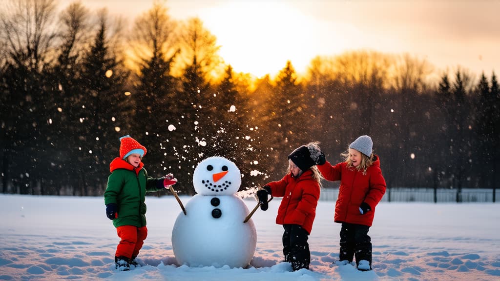  professional detailed photography, group of children:age six, playing snowballs and collecting snowman standing in snow, sunset light, snowman with carrot nose. snow falling in background ar 16:9, (muted colors, dim colors, soothing tones), (vsco:0.3)