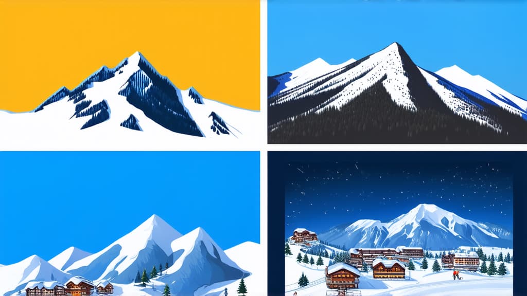  professional detailed photography, ski resort landscape posters set. snowy peaks of mountains. ski elevators. winter sport travel adventure and holidays concept. flat cartoon minimalism vector illustration ar 16:9, (muted colors, dim colors, soothing tones), (vsco:0.3)