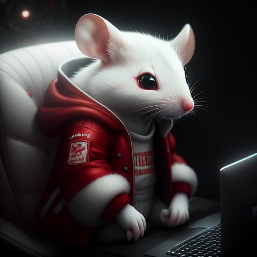  A white mouse, dressed in a red shirt and a white jacket, is sitting at a computer in a dark room hyperrealistic, full body, detailed clothing, highly detailed, cinematic lighting, stunningly beautiful, intricate, sharp focus, f/1. 8, 85mm, (centered image composition), (professionally color graded), ((bright soft diffused light)), volumetric fog, trending on instagram, trending on tumblr, HDR 4K, 8K