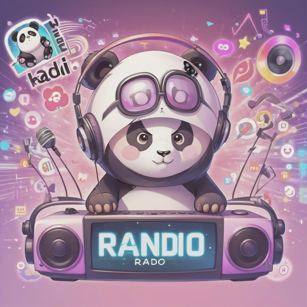  anime artwork internet radio logo, panda, text kawaii radio . anime style, key visual, vibrant, studio anime, highly detailed