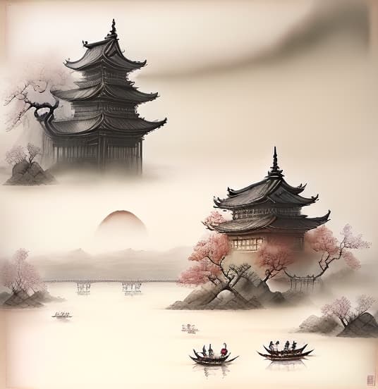  guofeng, chinese landscape painting, chinese architecture, cloud, vision, bridge, no human,