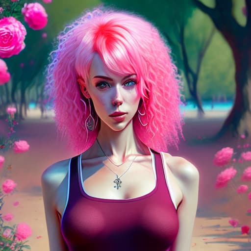  a close up of a woman with pink hair and a red top, short pink hair, cute with short pink hair, huge curly pink hair, curly pink hair, pink short hair, huge pink hair, pink hair, breathtaking ilya kuvshinov, yael shelbia, cgsociety portrait, rose hair, kawaii realistic portrait, hyperrealistic , with pink hair