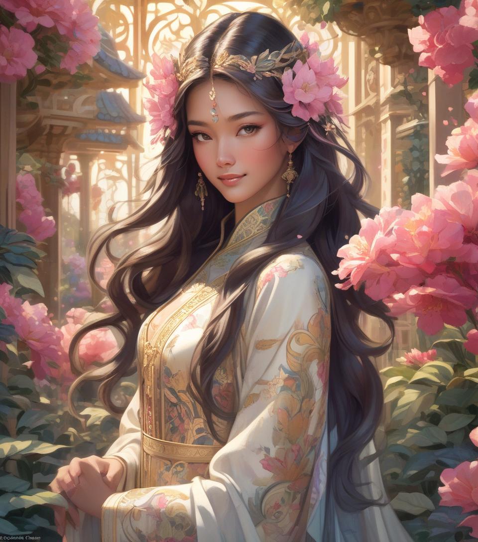  concept art oriental woman sporting a subtle smile amidst an opulent flower garden, imperial hues enveloping the art nouveau inspired floral backdrop, crowned regally, radiant backlighting highlighting her flowing hair, radiant, mythical allure transcending existence, watercolor aesthetic, greg rutkowski's touch, trending on artstation, razor sharp focus, studio setting, elaborate intricacies, volumetric . digital artwork, illustrative, painterly, matte painting, highly detailed