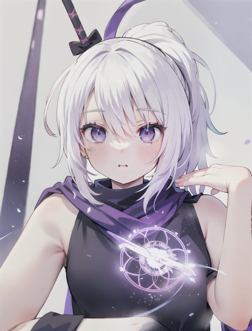  upper body, white hair, ponytail, purple eyes, (ninja), short sword, medium breats ,scarf, wallpaper, magic circle background, light particles, blue fire