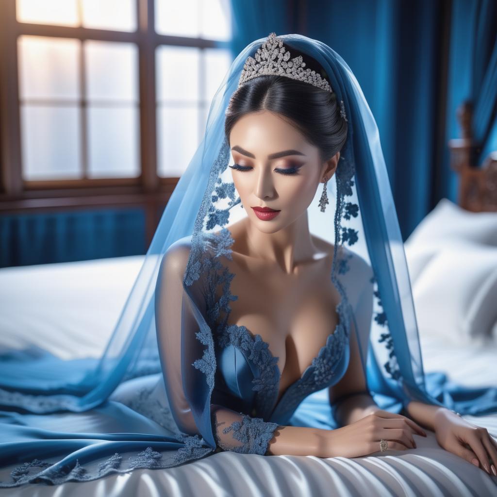  blue silk veil, naked bride lying on the bed hyperrealistic, full body, detailed clothing, highly detailed, cinematic lighting, stunningly beautiful, intricate, sharp focus, f/1. 8, 85mm, (centered image composition), (professionally color graded), ((bright soft diffused light)), volumetric fog, trending on instagram, trending on tumblr, HDR 4K, 8K