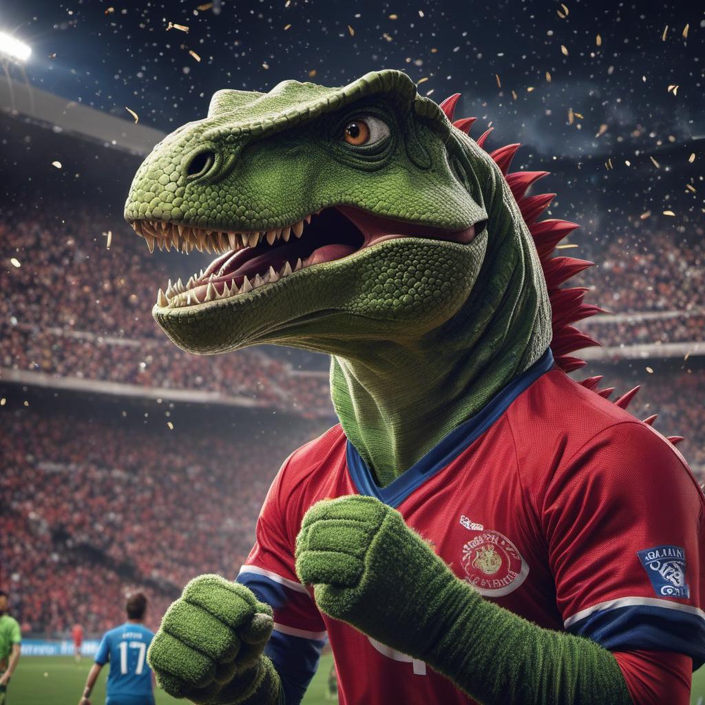  dinosaur celebrating soccer goal, profile image style