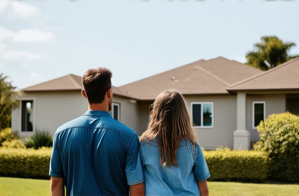  professional detailed photography, rear view, young family looking at their new home, buying property, ar 3:2, (muted colors, dim colors, soothing tones), (vsco:0.3)