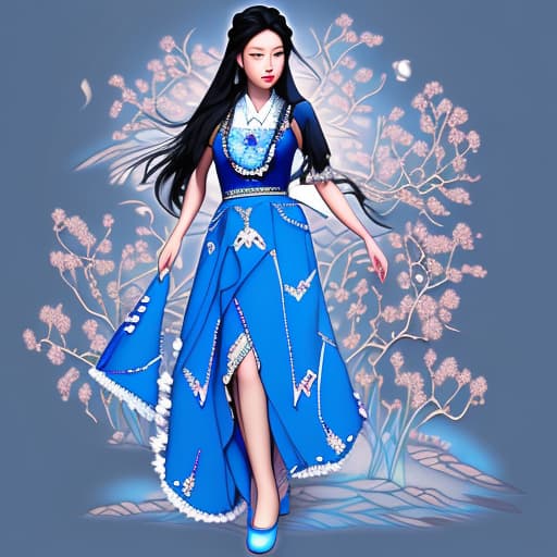  Girl with long black hair, full body, in enchanted land, wearing long blue hmong dress with floral skirt and beaded apron,