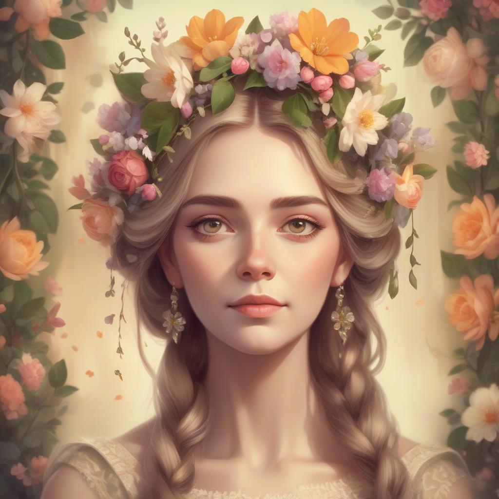  concept art vintage spring queen portrait with flowers and flowers garland in the hair, warm atmosphere . digital artwork, illustrative, painterly, matte painting, highly detailed