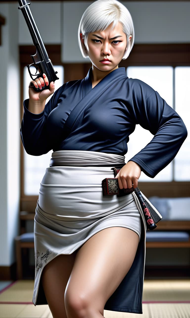  hyperrealistic art in full growth, beautiful , the ancestor of the samurai, killer, heavy and fat, like a woman, in dress, with pistol, white short hair, tight fitting clothes on the stomach, in a fighting position, concept art, ilrative, in color, digital artwork, highly detailed. . extremely high resolution details, photographic, realism pushed to extreme, fine texture, incredibly lifelike