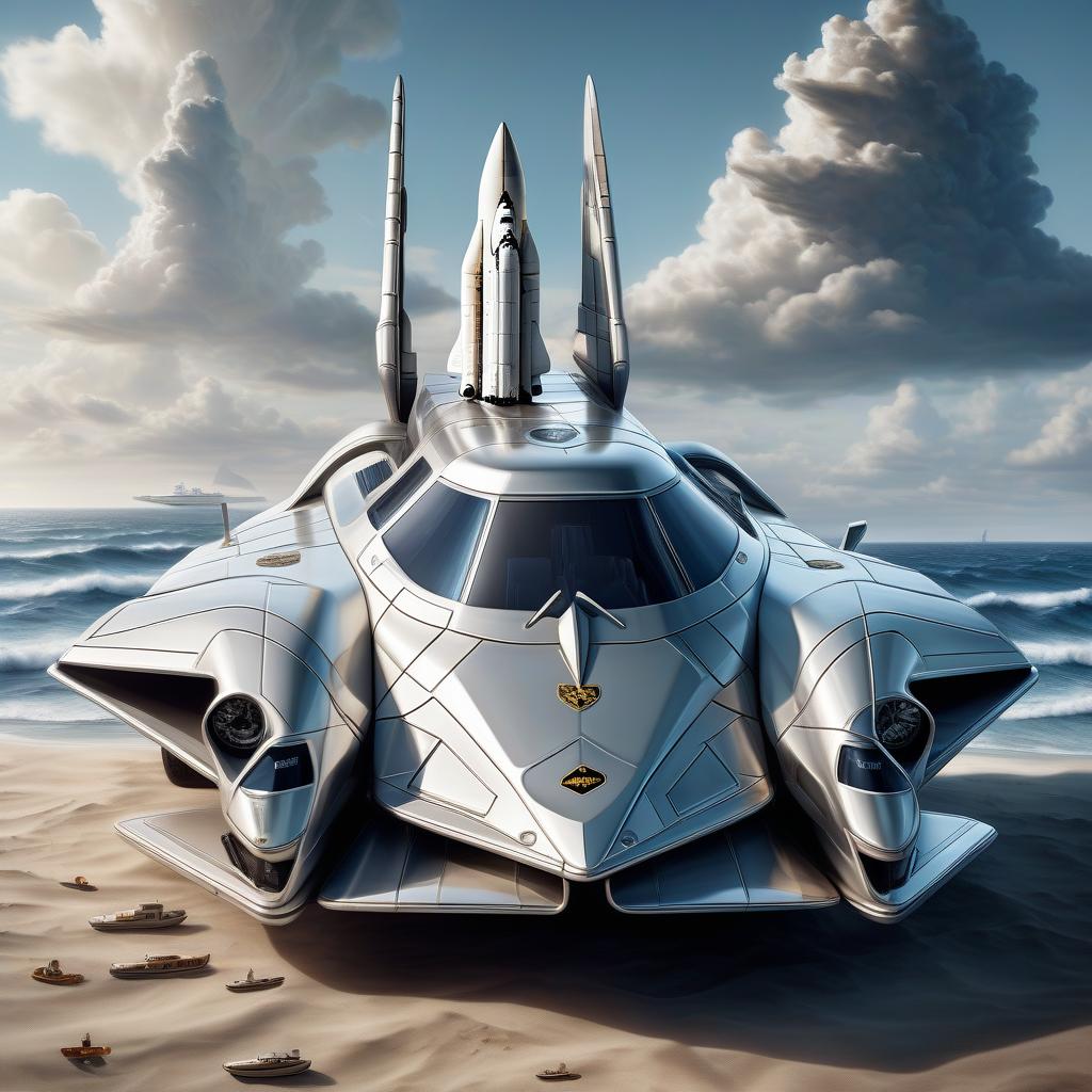  nautical themed the space shuttle looks like a lamborghini countach, silver color, in the styles of futurism, dieselpunk and steampunk. . sea, ocean, ships, maritime, beach, marine life, highly detailed