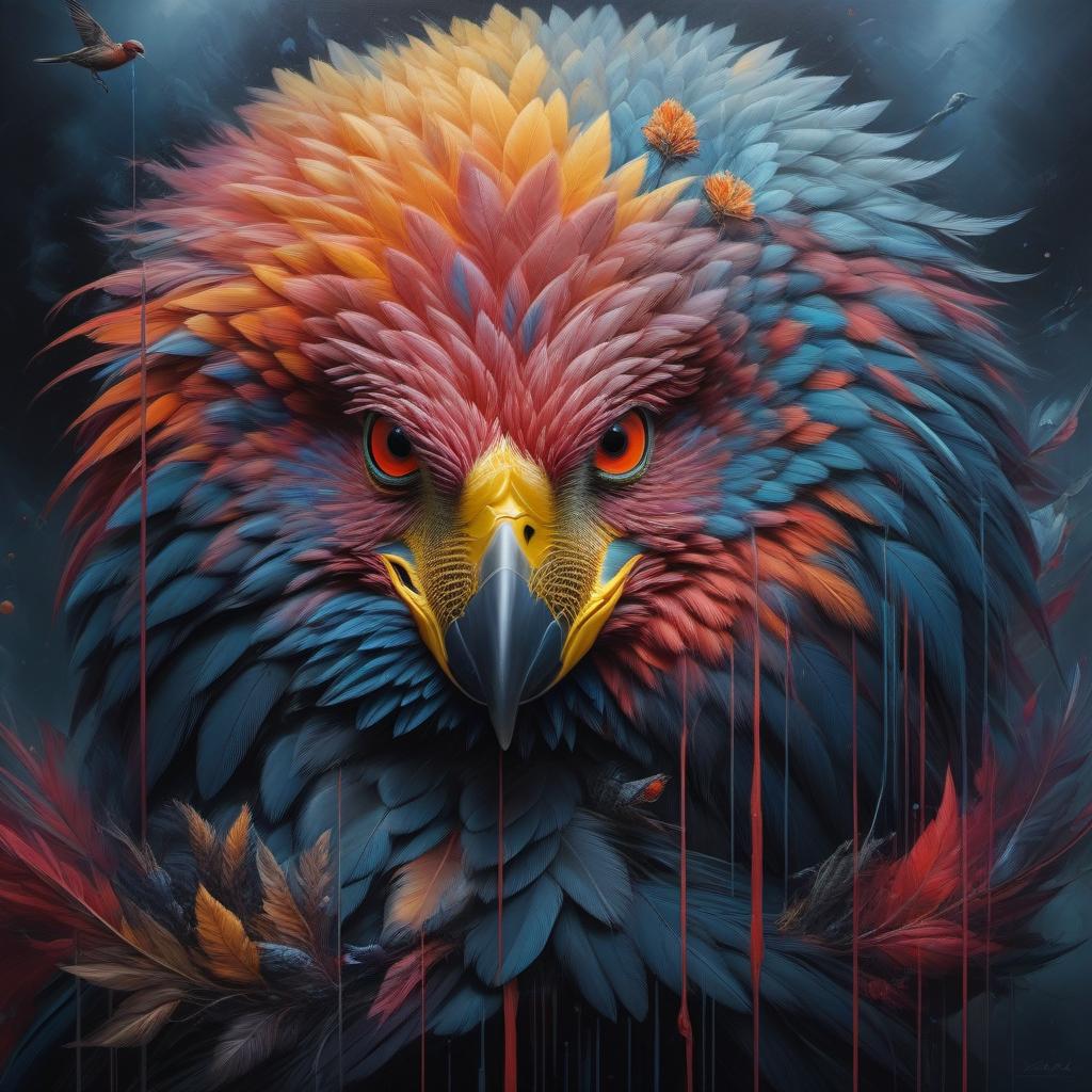  Beautiful birds, abstract oil painting with philosophical overtones "the joy of being" hyperrealistic, full body, detailed clothing, highly detailed, cinematic lighting, stunningly beautiful, intricate, sharp focus, f/1. 8, 85mm, (centered image composition), (professionally color graded), ((bright soft diffused light)), volumetric fog, trending on instagram, trending on tumblr, HDR 4K, 8K