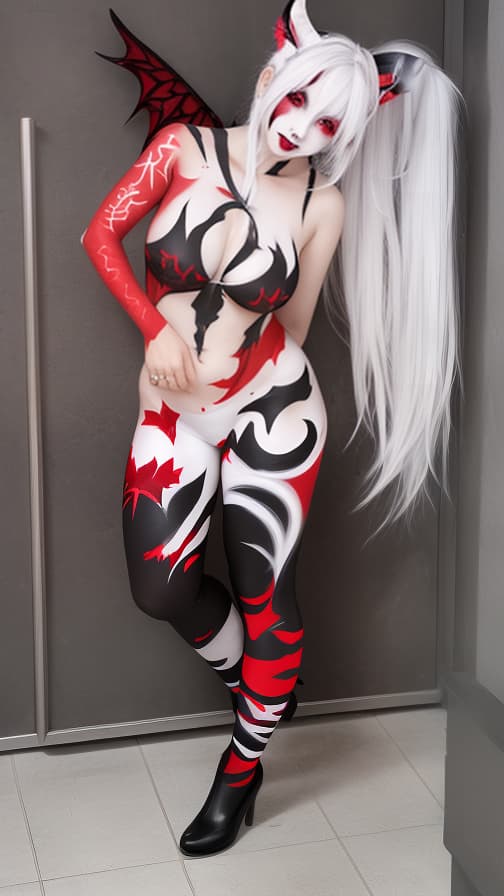  White and red flame pattern body paint in every corner of the whole body, Black body paint full body, grey face paint on the face, two succubus, full body image 女性