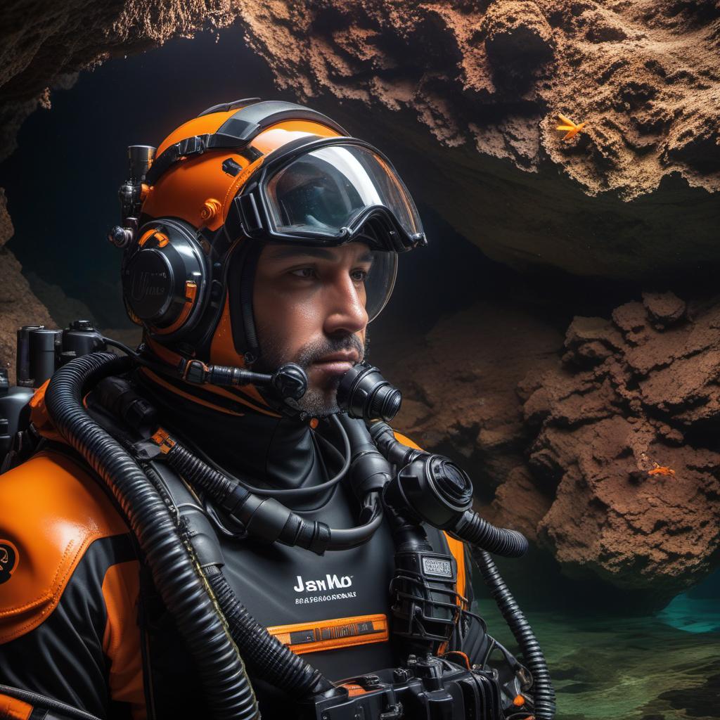  jb name, male, rebreather diver, thick loops, helmet in orange, cave diver, underwater, face view diver, fresh water, shoulder view, jb, cyberpunk style