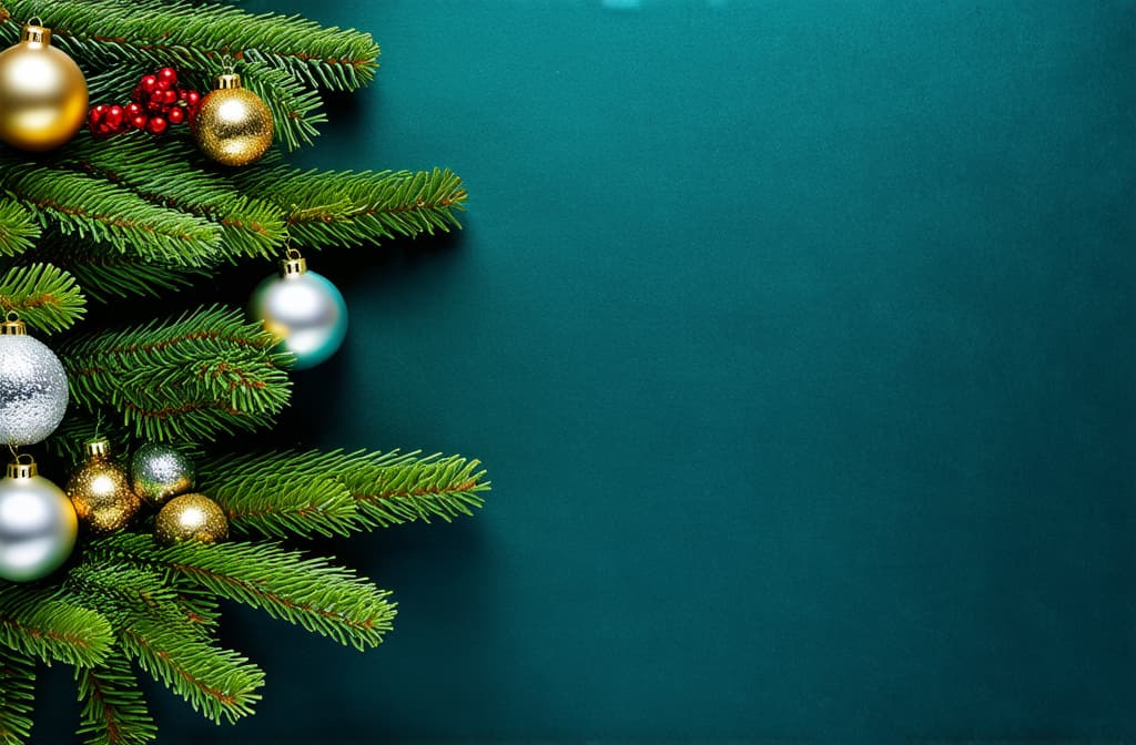  new year vertical dark turquoise background with gold and silver balls on fir branches with space for text ar 3:2 {prompt}, maximum details