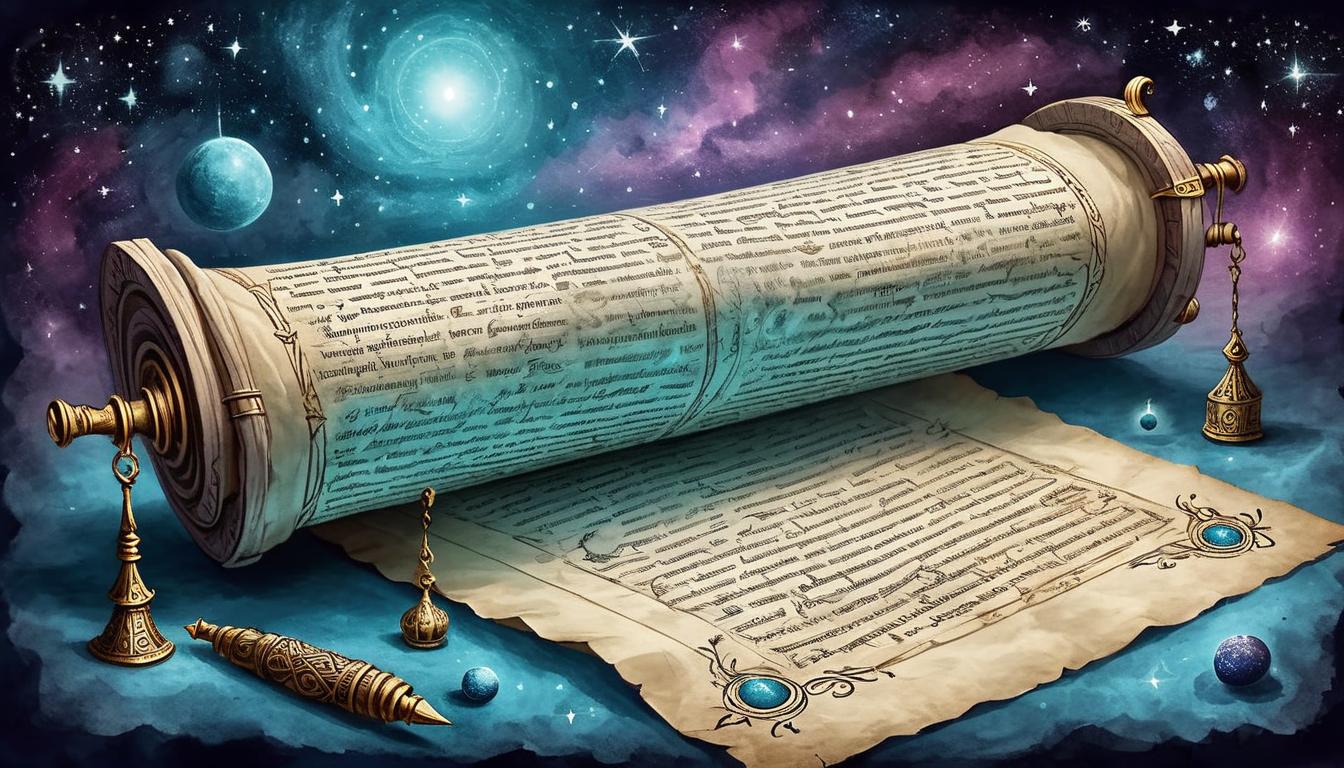  on parchment, surrealism+++, an ancient scroll with divine letters, glowing softly, background of deep cosmos, mystical, sacred, eternal(mysterious, provocative, symbolic,muted color)+++