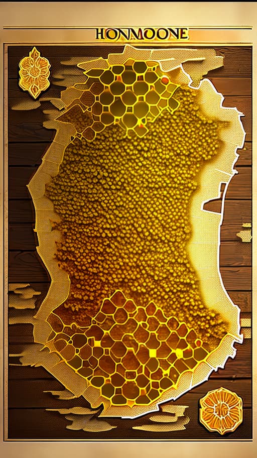  background in the form of large honeycombs with honey in painted style, overland fantasy woodland map, such as a map, a font that is modern and easy to read