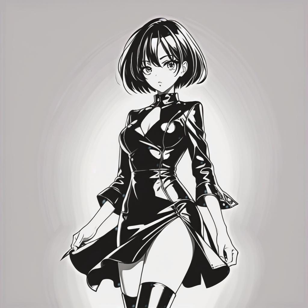  line art drawing girl in leather dress, same nightmare. anime style . professional, sleek, modern, minimalist, graphic, line art, vector graphics