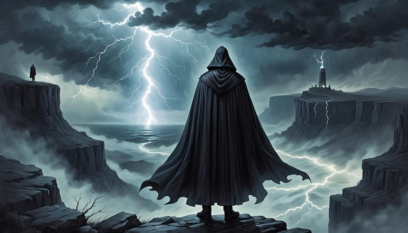  on parchment, surrealism+++, a solitary figure cloaked in dark robes, standing on a cliff's edge, beneath a stormy, electrified sky, lightning illuminating an aura of invincibility, untouchable, foreboding, powerful(mysterious, provocative, symbolic,muted color)+++