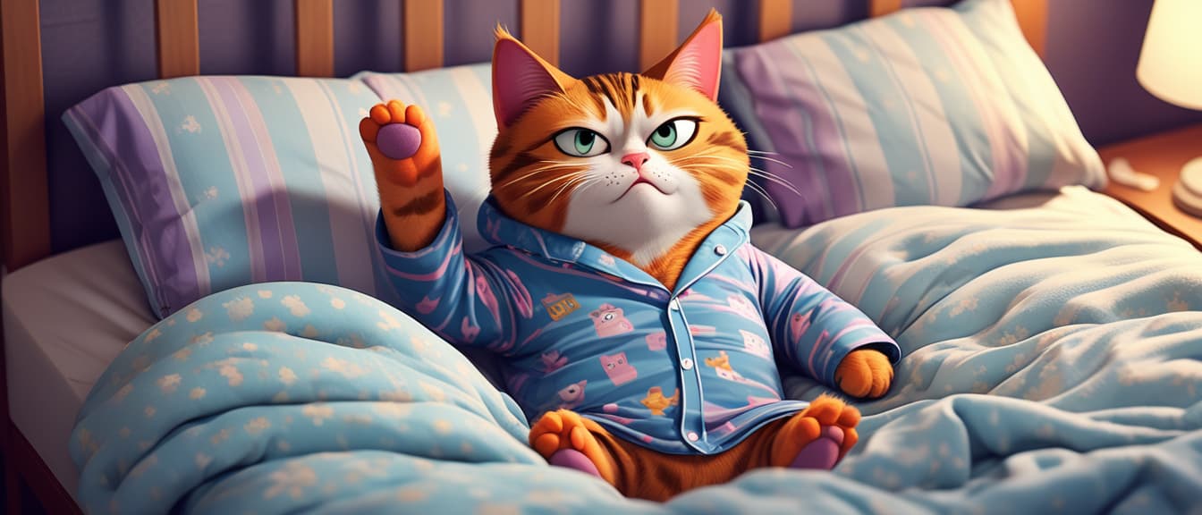  Humanised animals concept. funny character personage. humanized Lazy cat in pajamas in bed. Bad mood, insomnia, hard Monday concept.