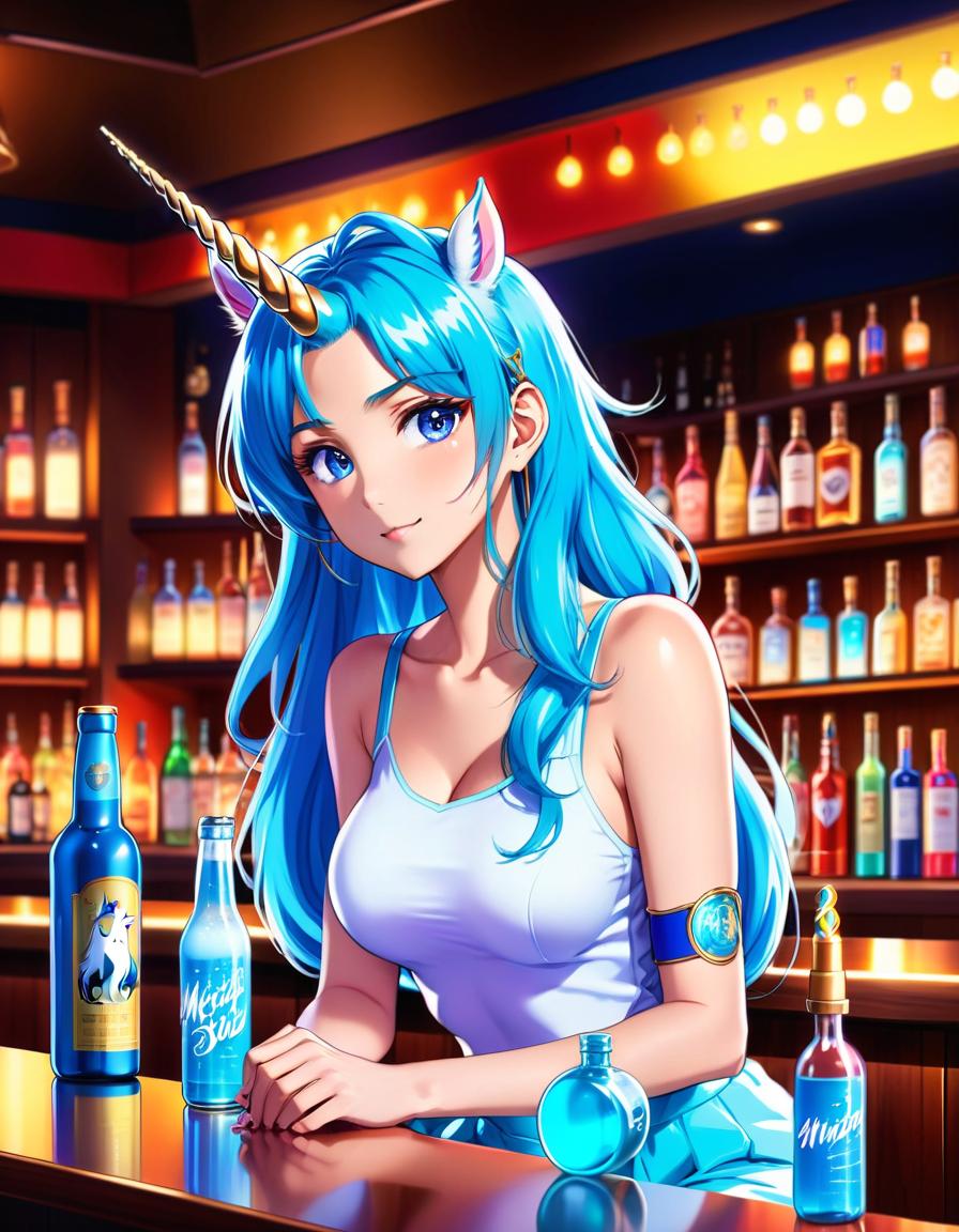  anime artwork unicorn blue, sitting in a bar with a bottle, bar counter with bottles, people around, high detail, soft lighting . anime style, key visual, vibrant, studio anime, highly detailed