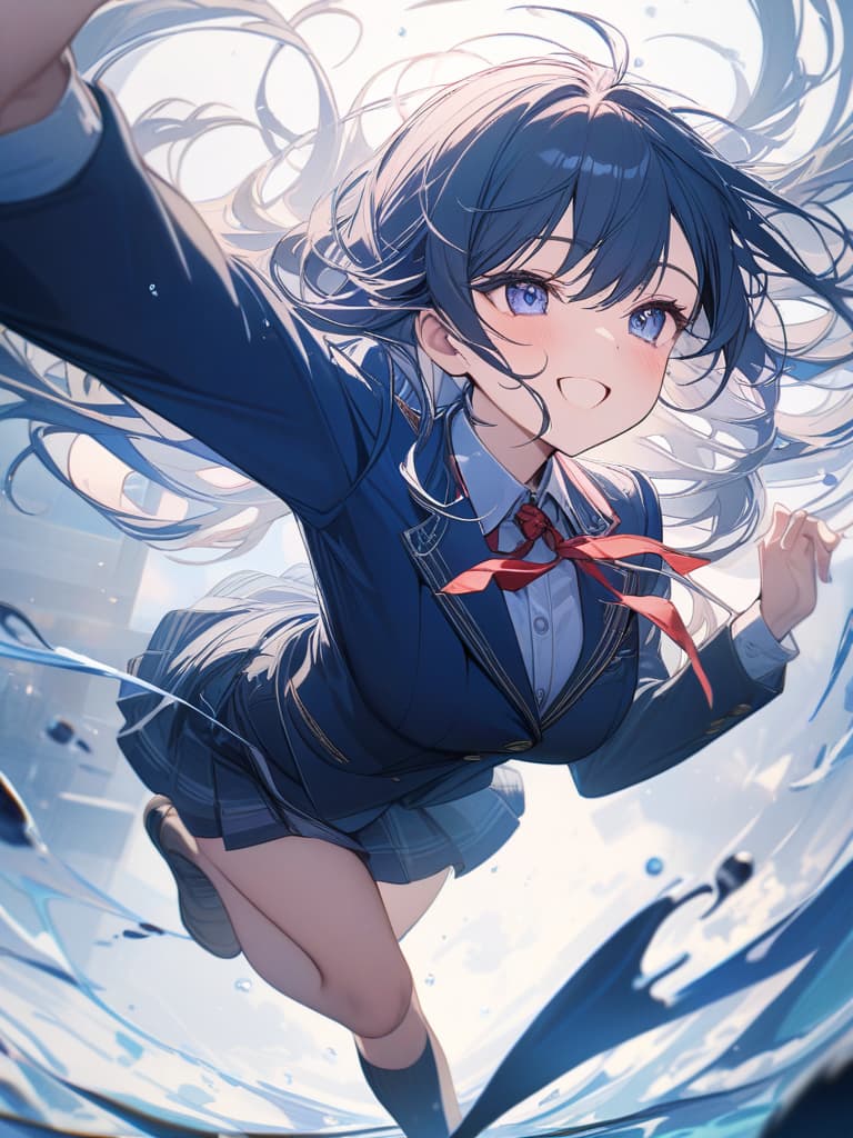  smile girl, dark blue blazer, uniform, mini , long hair, cute, dark blue high socks, masterpieces, fluctuations in the wind, jumping, masterpiece, best quality,8k,ultra detailed,high resolution,an extremely delicate and beautiful,hyper detail