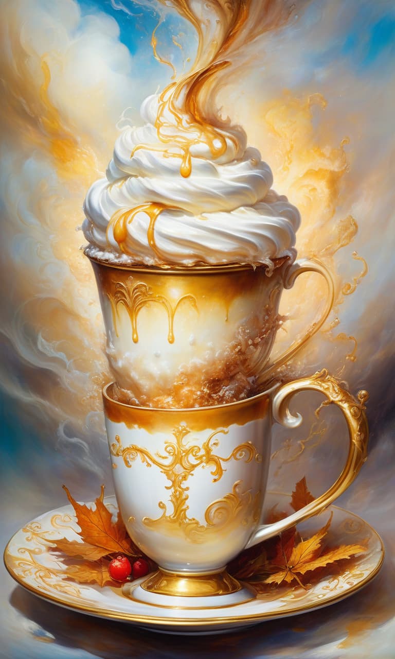  oil painting. highly detailed image with double exposure and layering of textures. distant background. white coffee cup, appetizing coffee:: topping, whipped cream. steam from the cup. pastel colored background: surreal abstractionism. light subtle floral patterns, drawings on (fall theme) emerge from the steam. thin golden patterns of mysticism and magic:: frame, vignette. contrast of bright cup and muted background colors. careful drawing of all details. stylistics: neorococo, fantasy abstraction, surrealism, mysticism. in the manner of andrew jones, fragonard, jacek jerka, mark keatley, james christensen. high quality.