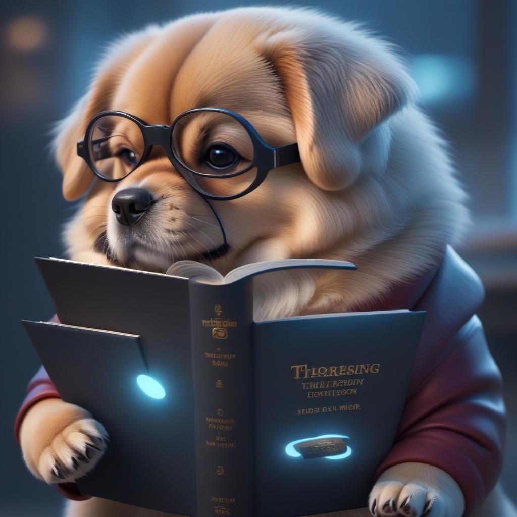  A fat puppy with glasses is reading a book hyperrealistic, full body, detailed clothing, highly detailed, cinematic lighting, stunningly beautiful, intricate, sharp focus, f/1. 8, 85mm, (centered image composition), (professionally color graded), ((bright soft diffused light)), volumetric fog, trending on instagram, trending on tumblr, HDR 4K, 8K