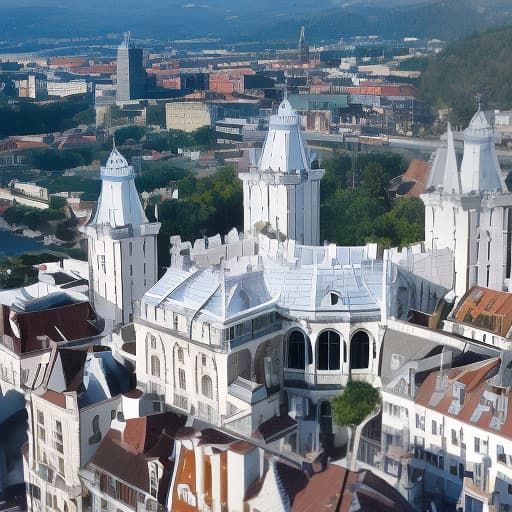 dvarchmodern white castle, blue roofs, many towers,