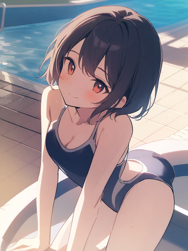  s, s, transveses, short stages, old swimwear (dark blue old ), clear (), (in swimwear), cute smile face, short hair, pool, pool,