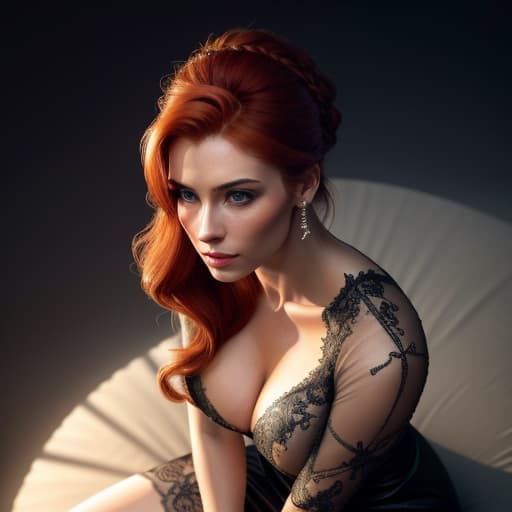  ((high angle, shot from above:1.2)), portrait photo of a 20 year old redhead woman, face focus, (exposed breasts), beautiful face, ((hair up with loose tendrils framing the face)), , (sitting down, looking up:1.2), intricate eye details, intricate skin details, skin imperfections, low key, dimly lit, film grain, shot on Fujifilm XT3, 50mm, lens flare, Porta 160, plain dark background, hyperrealistic, full body, detailed clothing, highly detailed, cinematic lighting, stunningly beautiful, intricate, sharp focus, f\/1. 8, 85mm, (centered image composition), (professionally color graded), ((bright soft diffused light)), volumetric fog, trending on instagram, trending on tumblr, HDR 4K, 8K hyperrealistic, full body, detailed clothing, highly detailed, cinematic lighting, stunningly beautiful, intricate, sharp focus, f/1. 8, 85mm, (centered image composition), (professionally color graded), ((bright soft diffused light)), volumetric fog, trending on instagram, trending on tumblr, HDR 4K, 8K