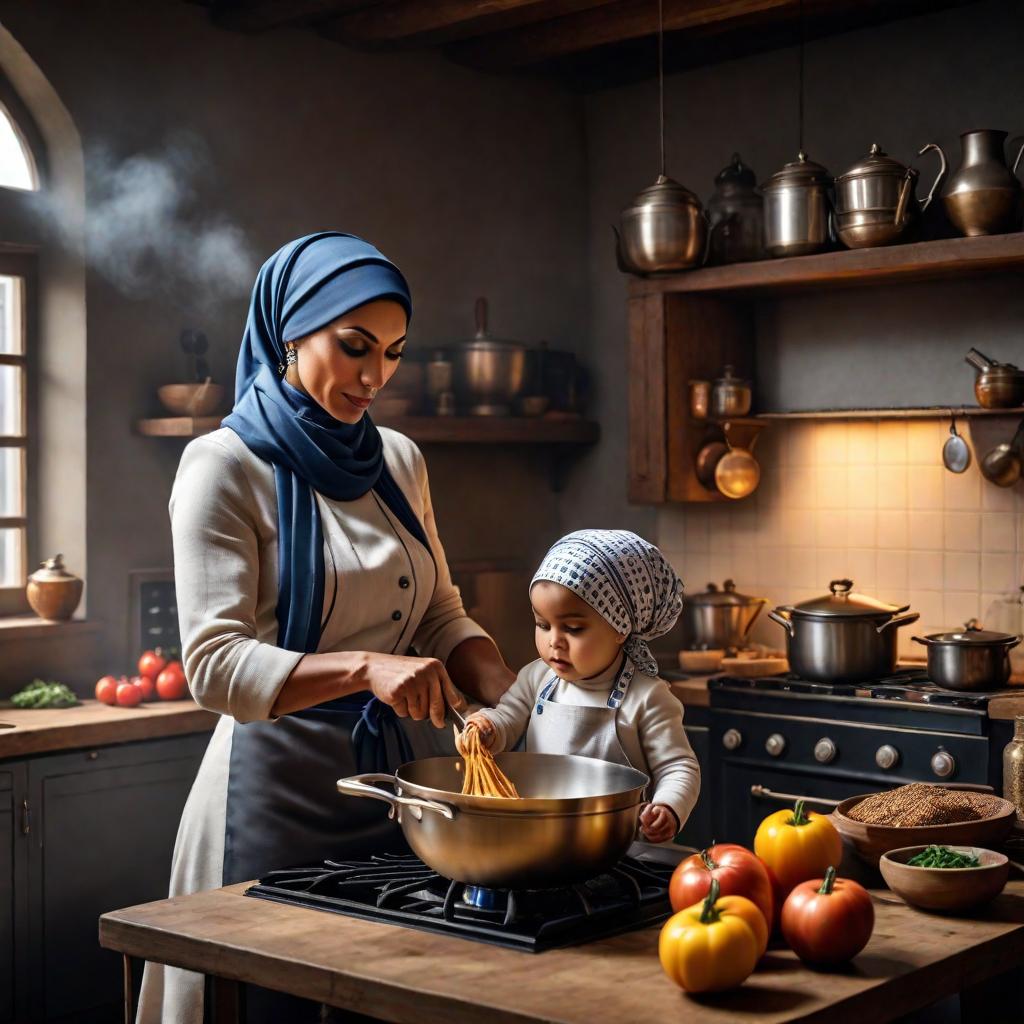  a woman in a headscarf is cooking in the kitchen with her child hyperrealistic, full body, detailed clothing, highly detailed, cinematic lighting, stunningly beautiful, intricate, sharp focus, f/1. 8, 85mm, (centered image composition), (professionally color graded), ((bright soft diffused light)), volumetric fog, trending on instagram, trending on tumblr, HDR 4K, 8K