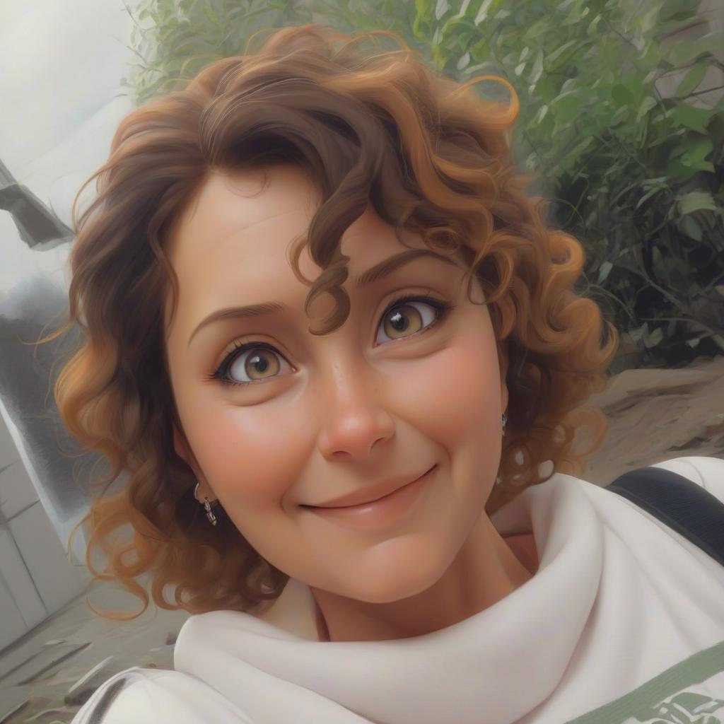  anime artwork beautiful woman, 47, russian, curly hair, constantly smiling . anime style, key visual, vibrant, studio anime, highly detailed