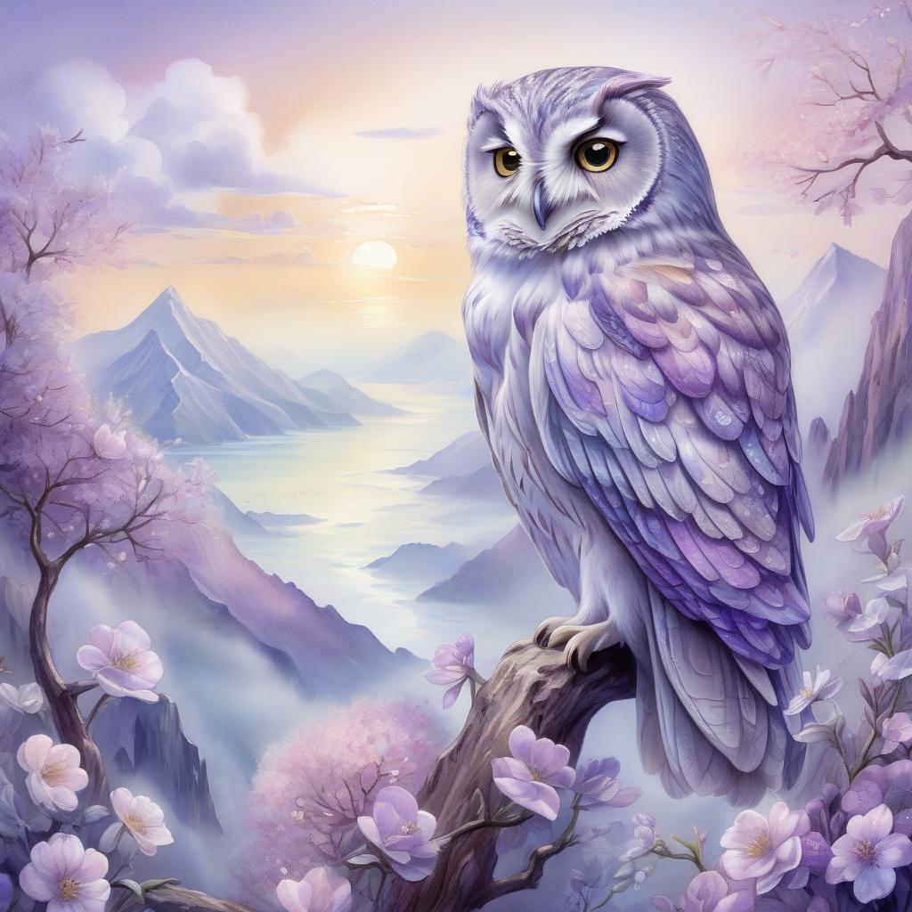  concept art the softness of everything that's peace, beautiful thoughtful owl, anatomically correct, spring's soft sea view, watercolor style of yelena yushina and kaoru yamada, mountains and stalight, windy luminous, silver lighting, dreamy and magical, highly detailed, very soft colors, soft edges, mist. realistic, blossoming, anatomically correct, soft silver violet palette . digital artwork, illustrative, painterly, matte painting, highly detailed