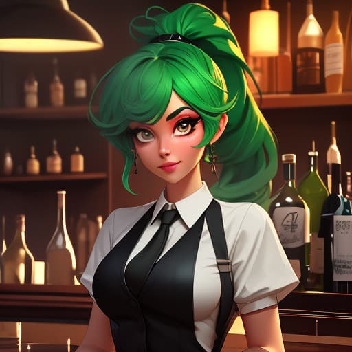  A small green haired working as a bartender in a shirt with short sleeves, a tie, and a black . The has green hair and a curly ponytail on the left side of her face. She stands tall and looks silly herself. hyperrealistic, full body, detailed clothing, highly detailed, cinematic lighting, stunningly beautiful, intricate, sharp focus, f/1. 8, 85mm, (centered image composition), (professionally color graded), ((bright soft diffused light)), volumetric fog, trending on instagram, trending on tumblr, HDR 4K, 8K