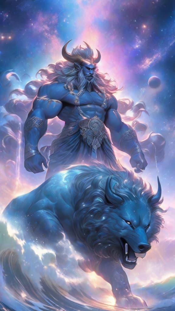  depict lord varahaswamy, the third avatar of vishnu, as a powerful boar standing tall in the middle of a vast cosmic ocean. his divine form, with a muscular and majestic boar's head, holds the earth delicately on his tusks, balancing it near his face. the ocean around him glimmers with starlight, reflecting the deep blues and purples of space. in the background, stars, galaxies, and nebulae create a cosmic backdrop, highlighting the grandeur of this divine scene. the waves of the ocean gently ripple, signifying the calm yet powerful presence of the deity in this surreal, celestial setting hyperrealistic, full body, detailed clothing, highly detailed, cinematic lighting, stunningly beautiful, intricate, sharp focus, f/1. 8, 85mm, (centered image composition), (professionally color graded), ((bright soft diffused light)), volumetric fog, trending on instagram, trending on tumblr, HDR 4K, 8K