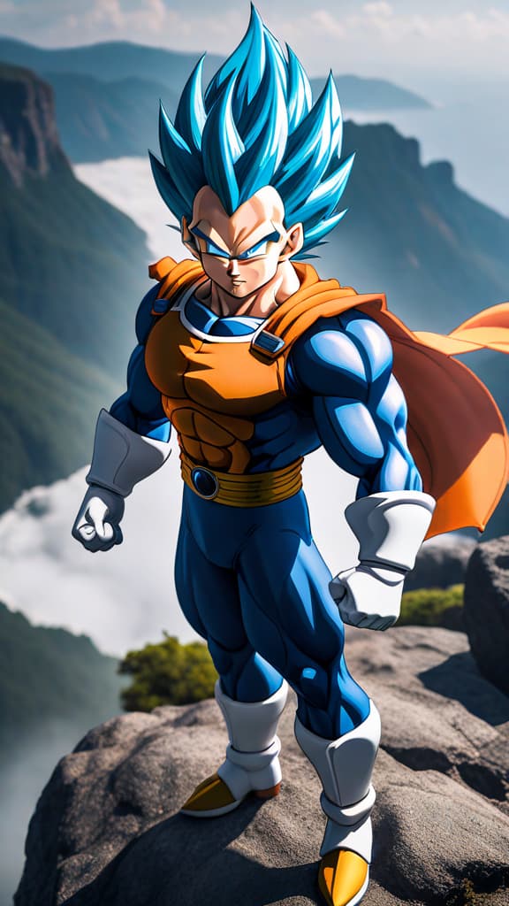  vegeta from dragon ball, standing determined on a cliff, training intensely to achieve ultra instinct, anime art hyperrealistic, full body, detailed clothing, highly detailed, cinematic lighting, stunningly beautiful, intricate, sharp focus, f/1. 8, 85mm, (centered image composition), (professionally color graded), ((bright soft diffused light)), volumetric fog, trending on instagram, trending on tumblr, HDR 4K, 8K