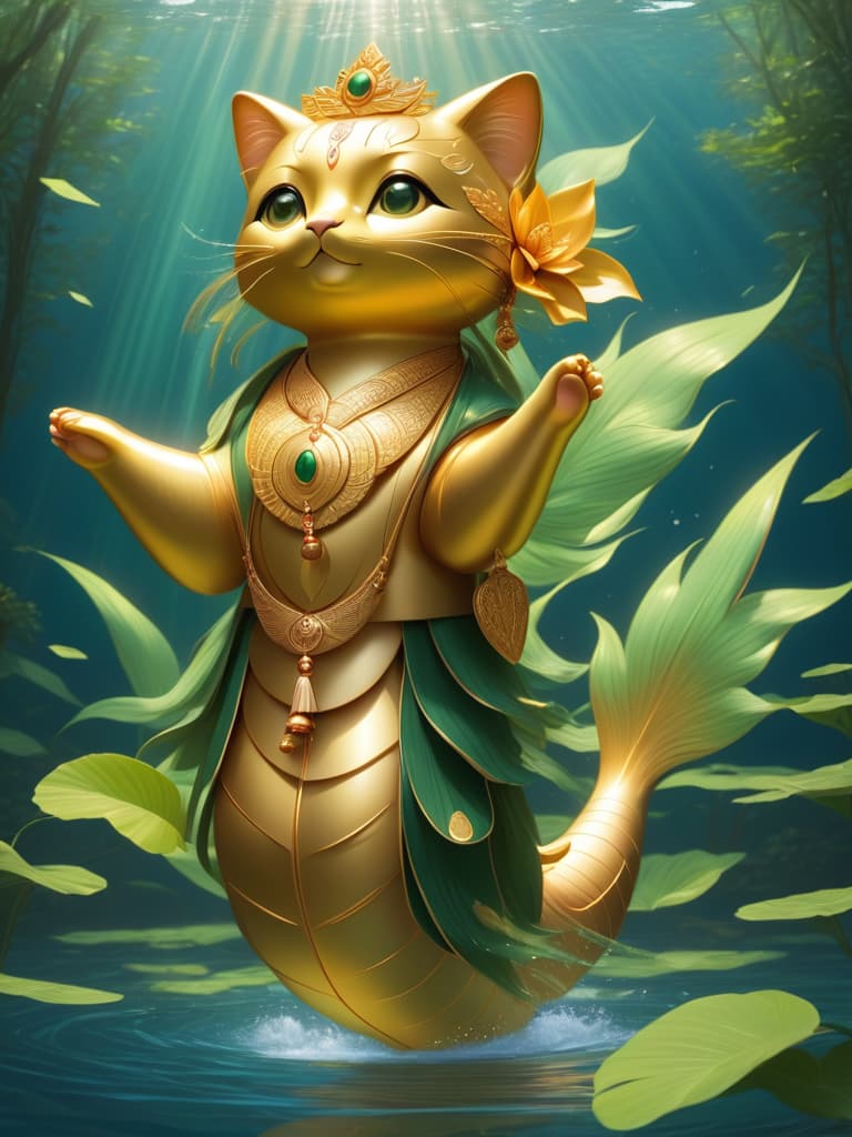  it's a bulge of good luck, a gold plaque that shines in the sun and symbolizes wealth, health and happiness. it swims in the water of the green, and its tails dance with grace, as if it were a source of continuous blessing. there are a lot of leaves around