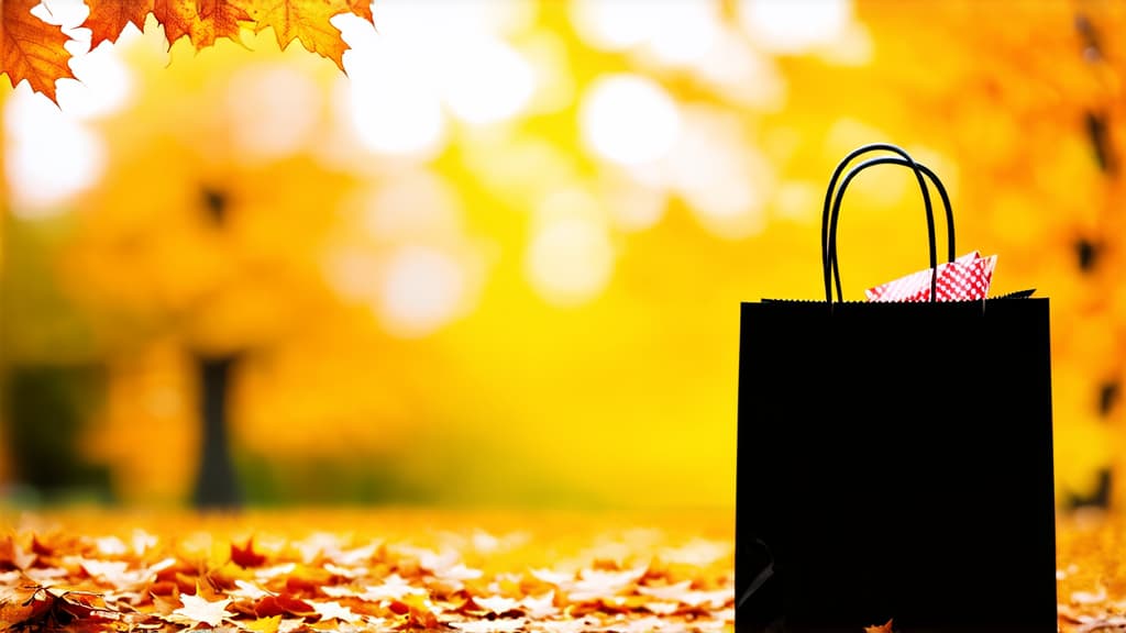  autumn blurred background. on the right in 1/3 of the image there is 1 black paper bag with shopping. the bag is at a distance of 5 meters. on the left 2/3 of empty space for text ar 16:9 {prompt}, maximum details