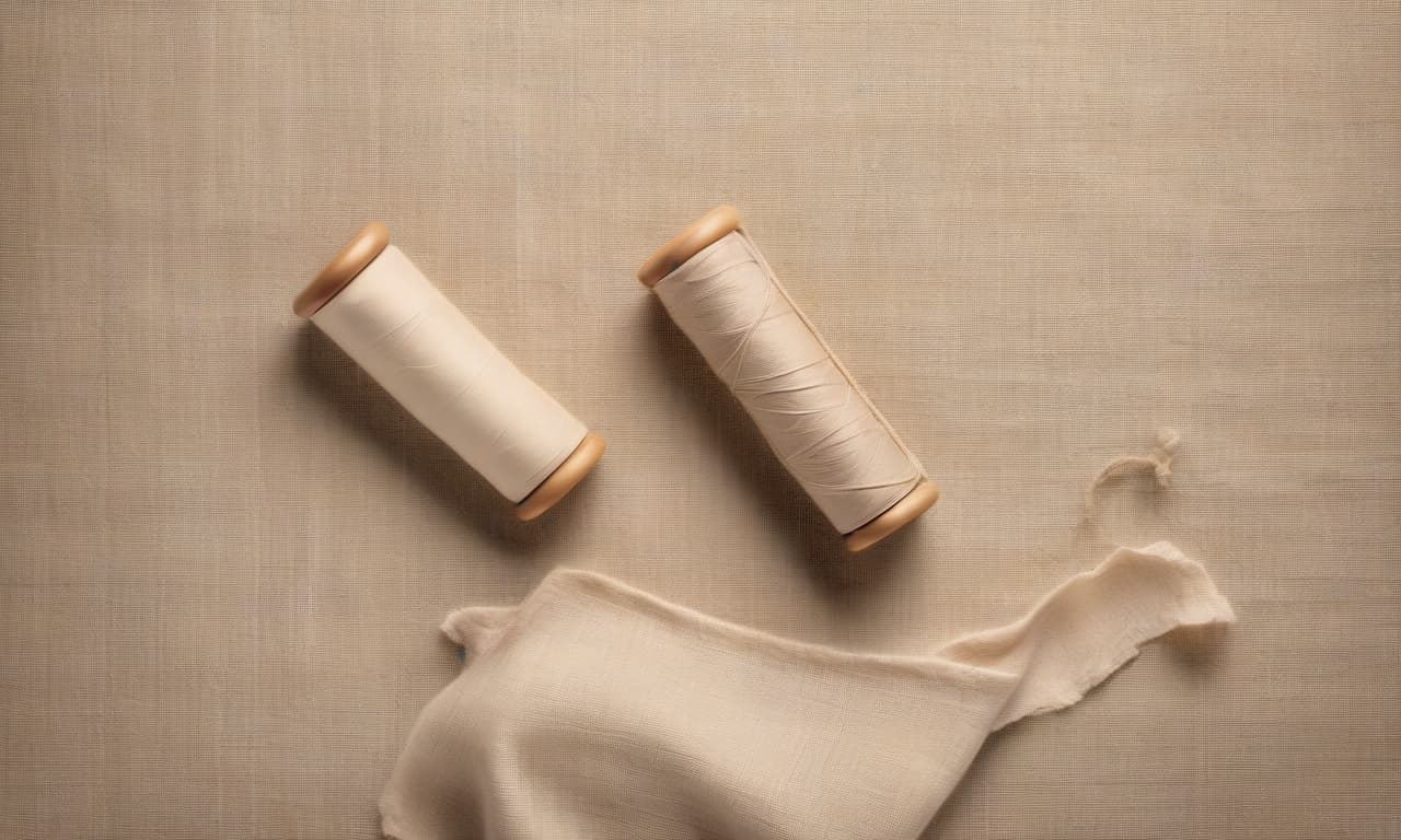  realistic photograph, top view, {natural linen fabric with soft folds, ((two spools)) of sewing thread lie ((on the right side)) of the frame}. soft diffused daylight. the spools of thread are realistic and have the correct shape. christian tagliavini