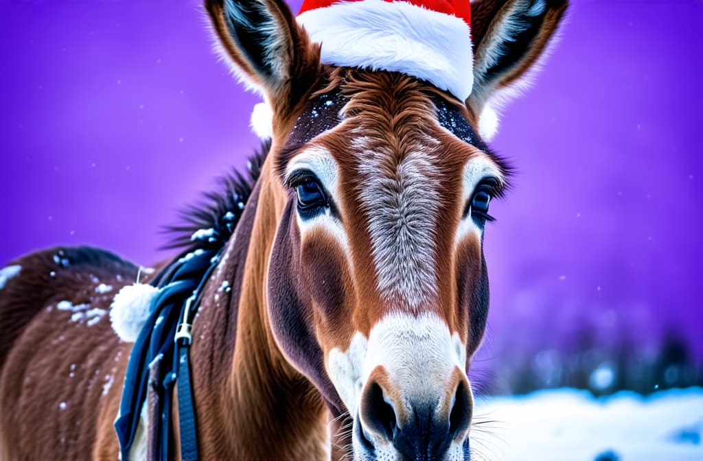  professional detailed photography, close up of a donkey with a santa hat on its head. purple and snowy background ar 3:2, (muted colors, dim colors, soothing tones), (vsco:0.3)