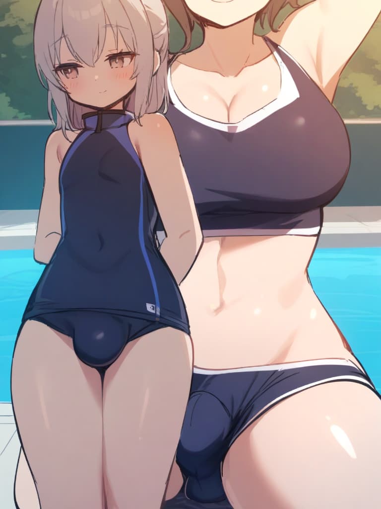  women's elementary students (with male), twin tails, cute smiles, rich s, short stature, dark blue swimwear, old swimwear, swimwear, simple, (swelling), upward, (bulge), front, whole body, pool side,