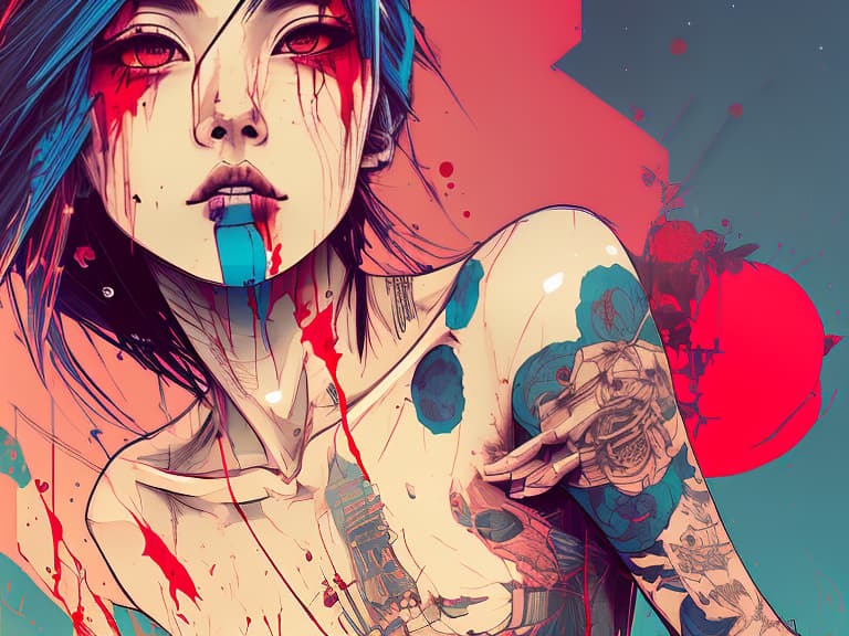 nvinkpunk a beautiful japanese girl with a white skin, dark blue hair, bloody eyes and tattoos all over her body lies in a red liquid in a cemetery, red sky fullmoon, faded , vintage , nostalgic , by jose villa , elizabeth messina , ryan brenizer , jonas peterson , jasmine star