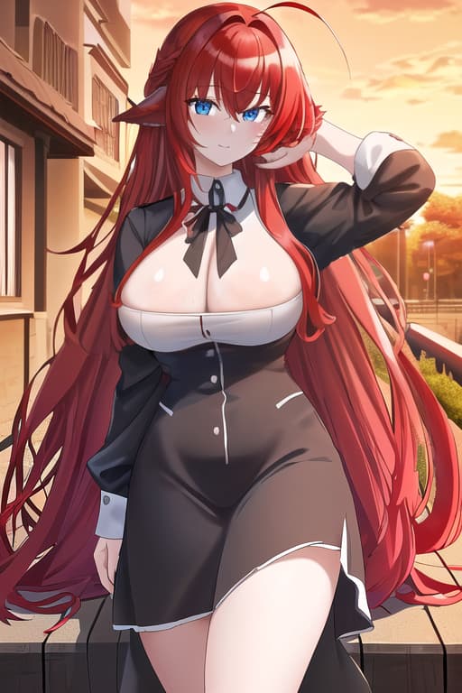  ,masterpiece, best quality, 1women, long red hair, looking at viewer, :3, cute, black uniform, outdoors, streets, cow shot, curvy, (((blue eyes))), rias gremory, red hair, antenna hair, wavy hair, ((beautiful detailed eyes, beautiful detailed glow, lots of glow)), anime screencap,sunset, sunset behind her, sunset background, masterpiece, best quality, high quality, solo