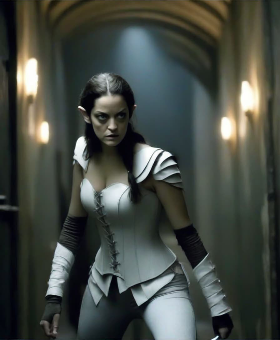  horror themed marion cotillard in the form of an elf thief fighter with daggers in his hands, in a white leather corset, leather shoulder pads and elbow pads, in full growth in a dark corridor. . eerie, unsettling, dark, spooky, suspenseful, grim, highly detailed, perfecteyes, perfect hands