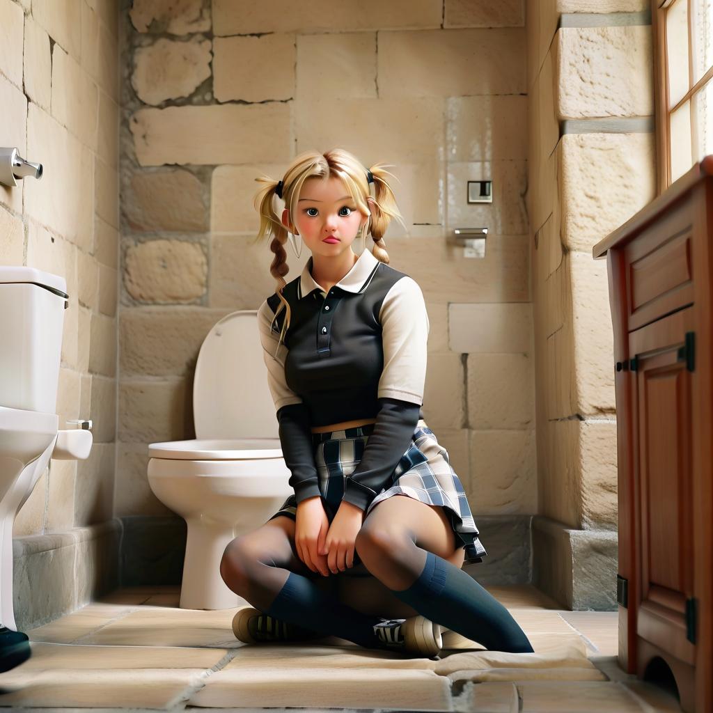  cinematic photo realistic photo, girl, sitting on a square toilet, blond hair, pigtails, shirt, skirt, tall black stockings, sneakers, large room, stone walls, stone floor. . 35mm photograph, film, bokeh, professional, 4k, highly detailed, film photography style, perfecteyes, perfect hands